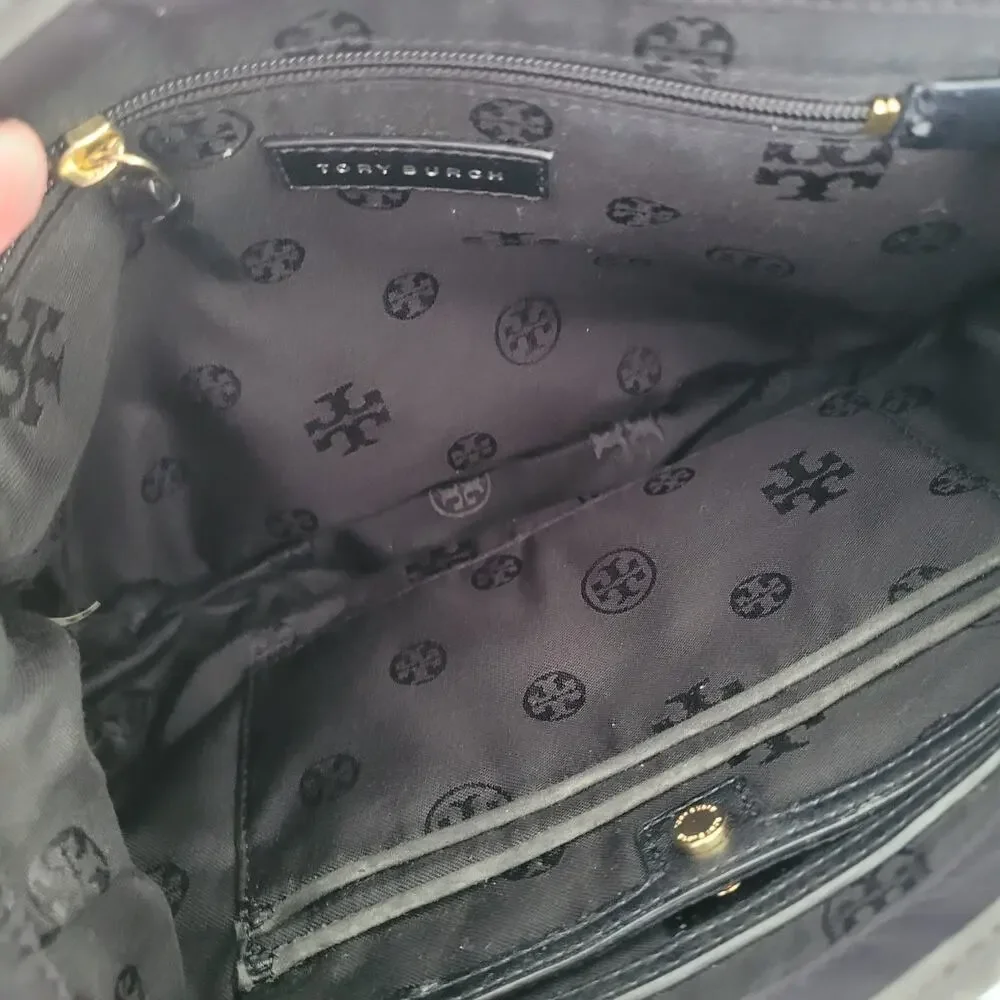 Tory‎ Burch Black Nylon Leather Trim Flap Crossbody Messenger Bag Gold Hardware